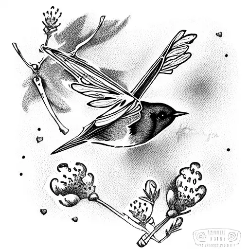 Flying Redbreast Robin Carrying A Small Sprig Of Lavendar