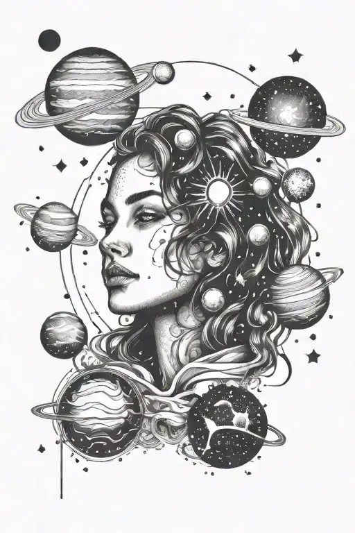 Women's Face Surrounded By Galaxy With Planets And Stars