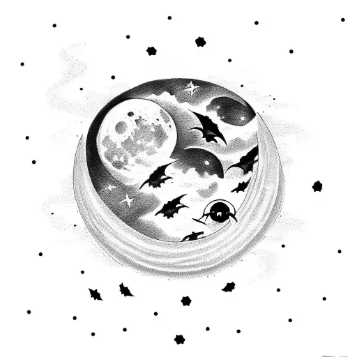 Moon With Bats And Stars