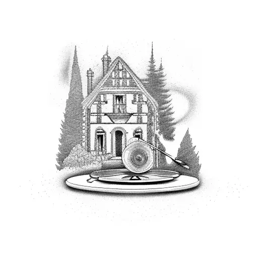 A Record Player With Music Notes And A French Cottage In The Background