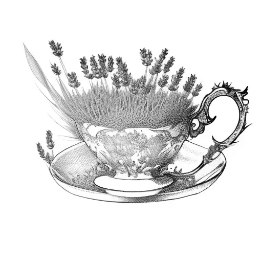 A Teacup Filled With Lavender Flowers And A Book Resting On Top