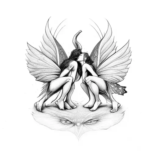 Two Male Fairy One Is The Devil And One Is A Good Fairy Kissing With Their Wings Open