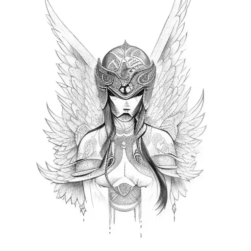 A Tattoo Design Depicting A Weary But Strong Female Angel Warrior