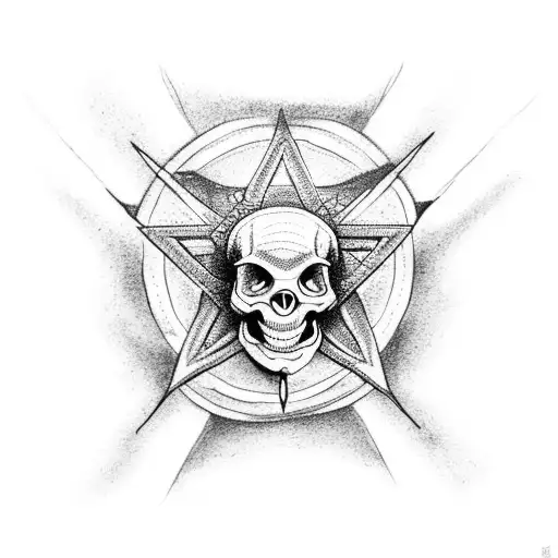 A Dotwork Tattoo Of A Dinosaur Skeleton With A Pentagram In The Background