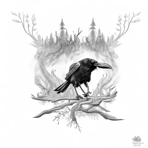 Black Raven On Branch