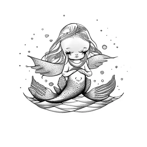 Baby Mermaid Sitting At The Base Of A Granet Colored Heart With Baby Angel Sitting On Top Of It