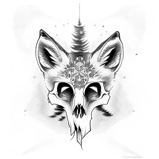 Fox Skull Face Forward With Foxglove Flowers