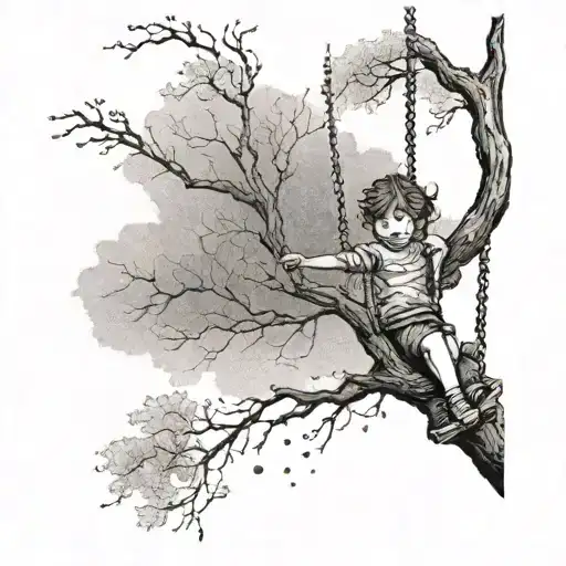 A Child Swings On A Swing On A Tree