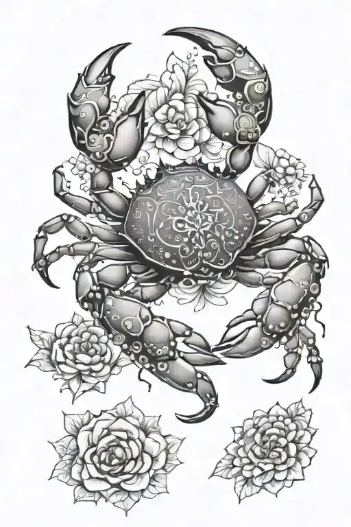 Zodiac Crab With Flowers And Mandala Design Incorporating