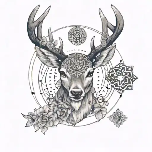 Mandala Deer Head With Background Filled Designed Circle Tattoo On Forearm