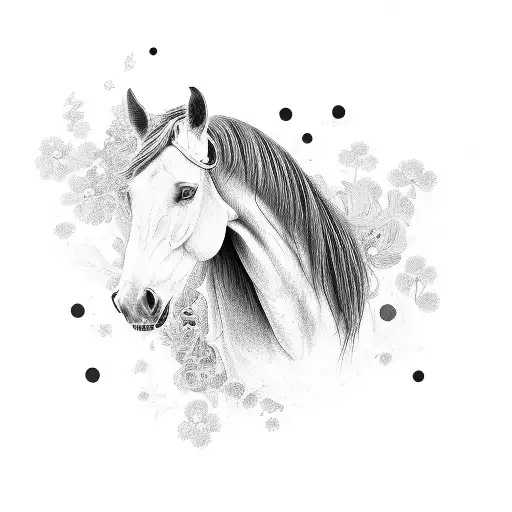 A Stunning Black And Grey Portrait Of A Horse With Intricate Floral Patterns