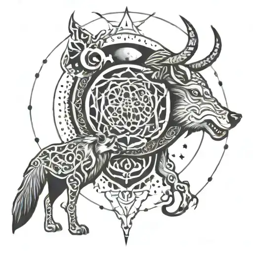 Turkic Symbols With Wolf And Bull