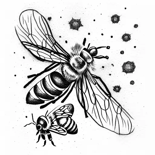 Queen Honey Bee With Morning Glory Flower And Small Baby Bee