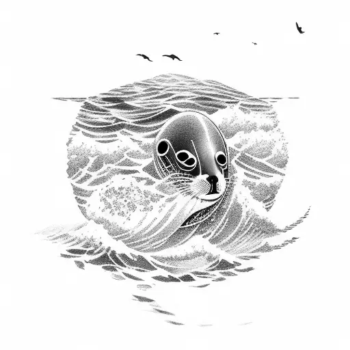 Ocean Scene With Small Seal In The Distance With A Train In The Foreground