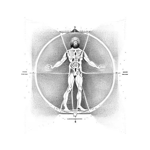 The Vitruvian Man Meditating With Constellations Background