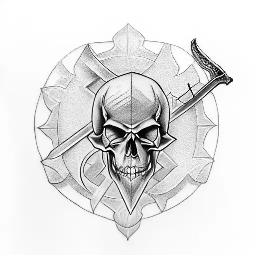 A Traditional-style Tattoo Of A Sword And Shield Crossed With A Skull In The Center