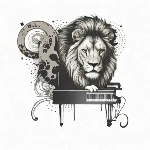 An Abstract Design Of A Lion's Head Morphing Into A Grand Piano With A Cat Curled Up On The Keys