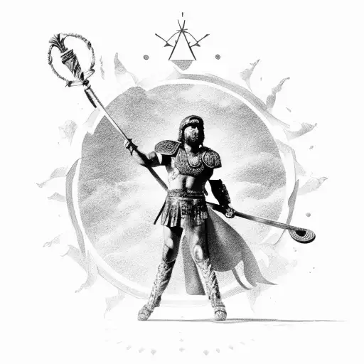 Roman Gladiator Standing Looking Up To Sky With Sun Rays Beaming Down With Gods Spear