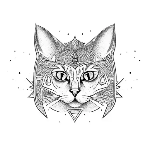 A Tribal-inspired Tattoo Of A Cat Surrounded By Gothic Symbols