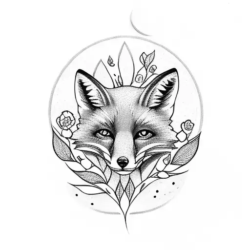 Fox Looking To The Right With Flowers Coming Out With The Fox