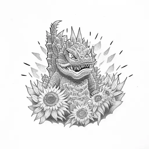 A Dotwork Godzilla Surrounded By Sunflowers
