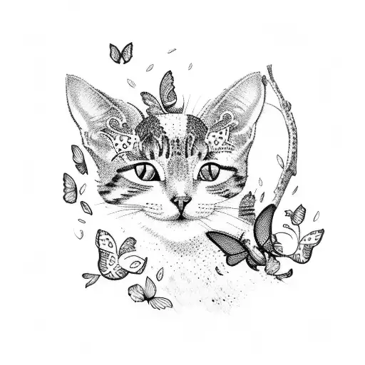 A Dotwork Tattoo Of A Cat Sitting On A Branch With Butterflies Flying Around