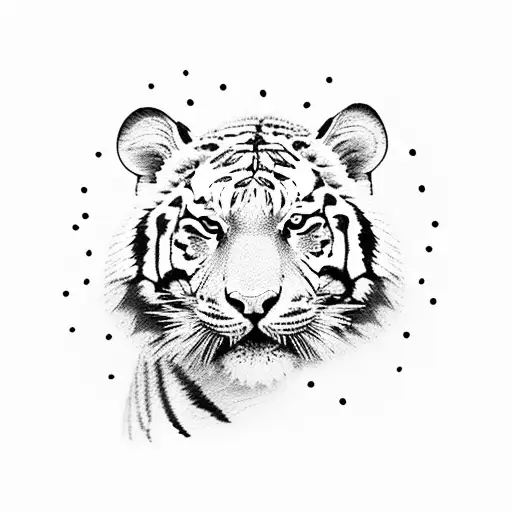 A Dotwork Tattoo Of A Tiger Sitting On A Stack Of Books