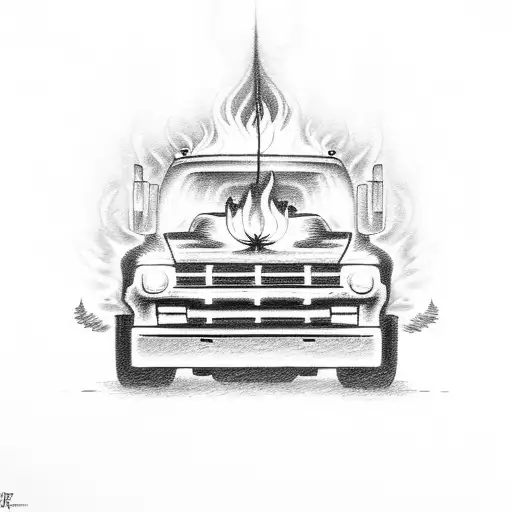 A Truck Engulfed In Flames With Religious Symbols Emerging From The Smoke