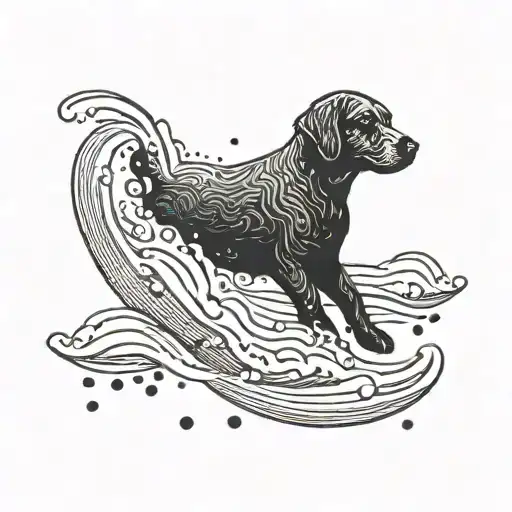 A Minimalist Design Of A Dog Swimming In A Pool With Sea Waves In The Background