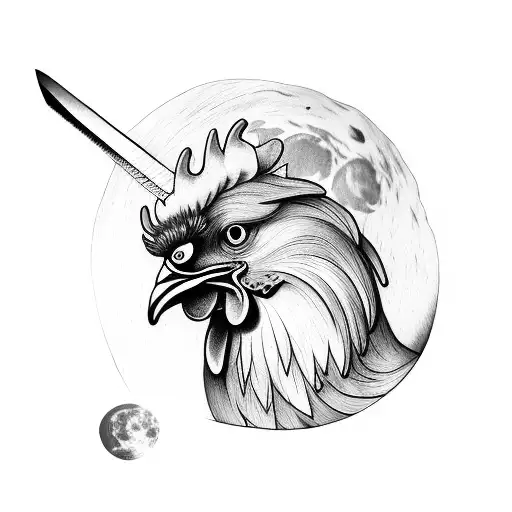 Rooster And Moon And Sword Tattoo At Left Chest