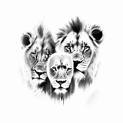 Two Cubs With Lion Standing Above