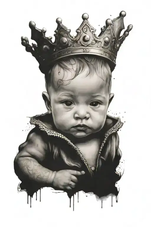 Baby Boy Portrait Tattoo Having Crown Surrounded