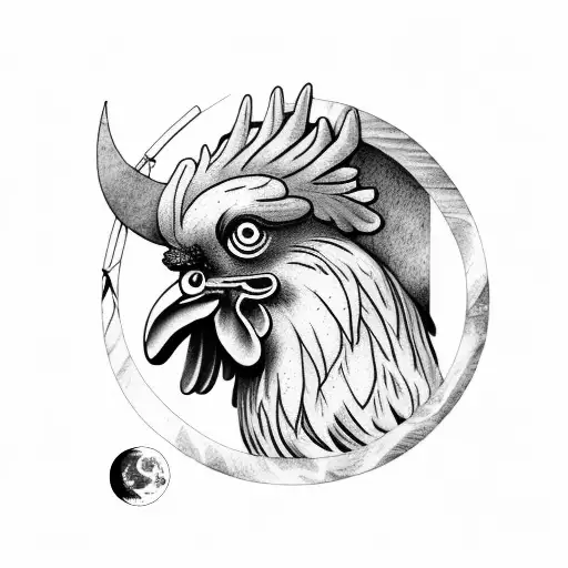 Rooster And Moon And Sword Tattoo At Left Chest