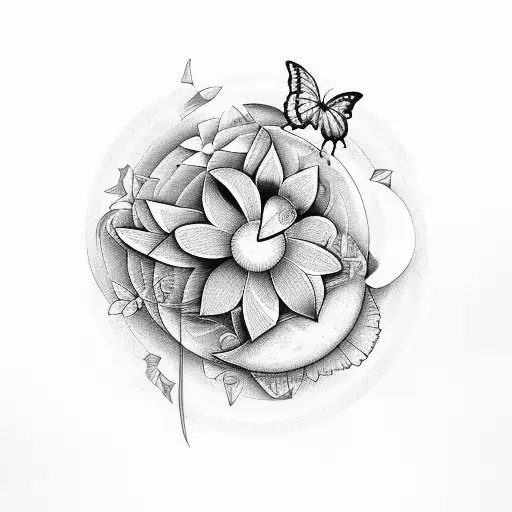 Flowers Motive With A Butterfly In A Moon In The Middle All Shaped In A Line