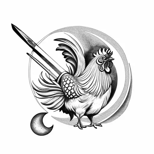 Rooster And Moon And Sword Tattoo At Left Chest