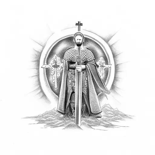 A Dotwork Tattoo Of King Baldwin Standing In A Heroic Pose With A Cross In The Background