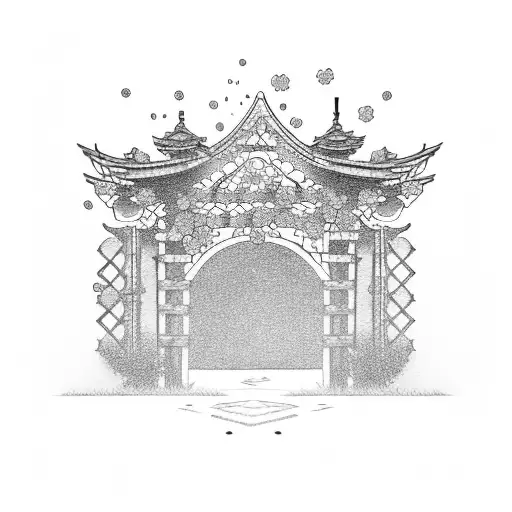 A Tori Gate Surrounded By Falling Cherry Blossoms With An Anchor Incorporated