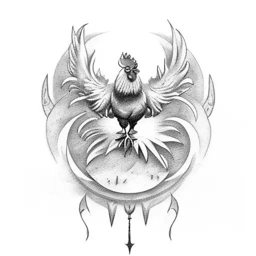 Rooster And Moon And Sword Tattoo At Left Chest