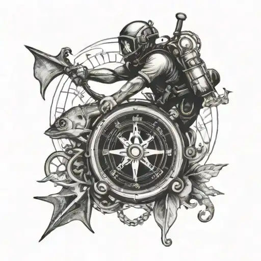 A Compass And A Clock Intertwined With Fishing Hooks And A Scuba Diver Exploring A Shipwreck