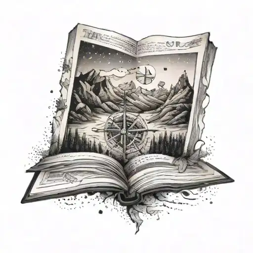An Open Book With A Compass Rose On One Page And A Mountain Range On The Other