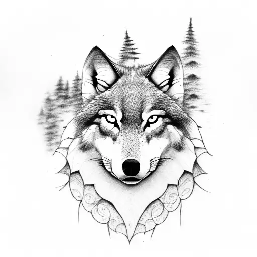 Realistic Wolf Close Up Face Straight Facing Surrounded By Forests