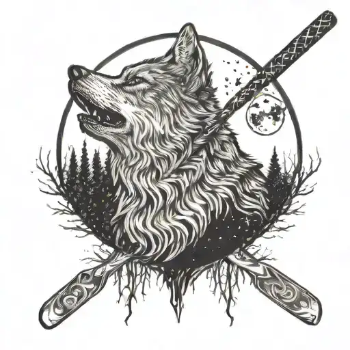 A Wolf Howling At The Moon With A Hockey Stick In A Dark Forest