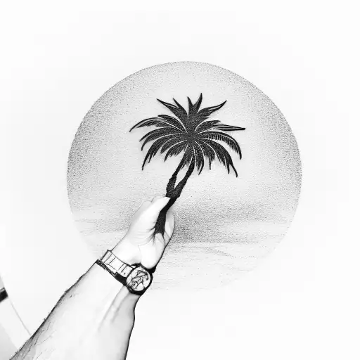 A Minimalist Depiction Of A Palm Tree Silhouetted Against A Setting Sun