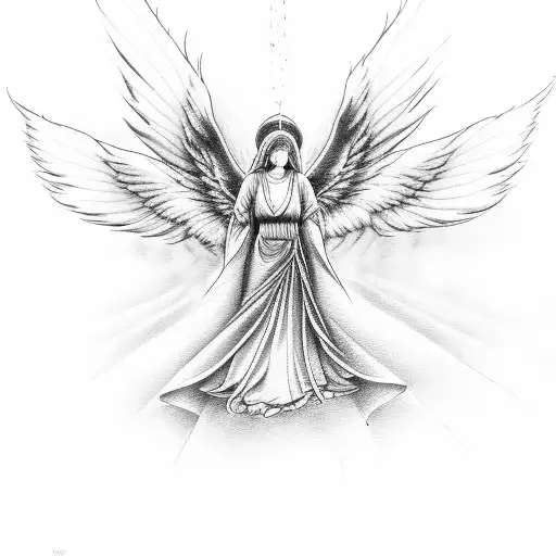 A Serene Angel With A Halo And Feathered Wings In A Dotwork Style