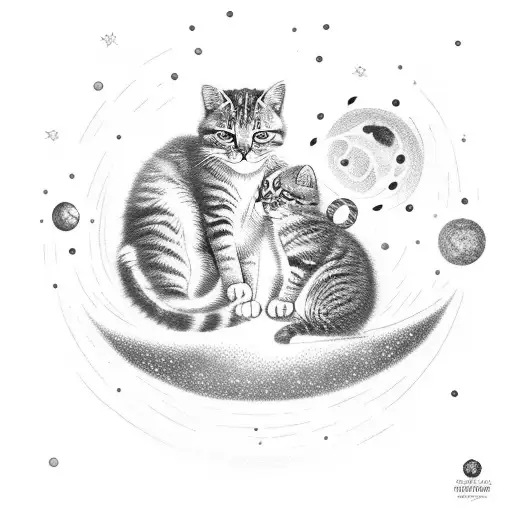 A Celestial Scene With A Mom Cat Protecting Her Kittens Among The Stars
