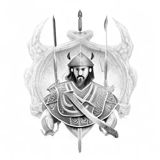 Skanderbeg Holding A Sword And Shield With A Massive 2 Headed Dragon Behind Him