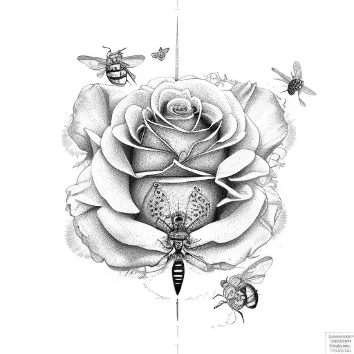 Rose And Peony And Bee And Peach And Caterpillar And Dragonfly And Butterfly