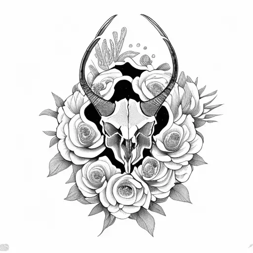 Ibex Skull Front View Surrounded By Peony Flowers