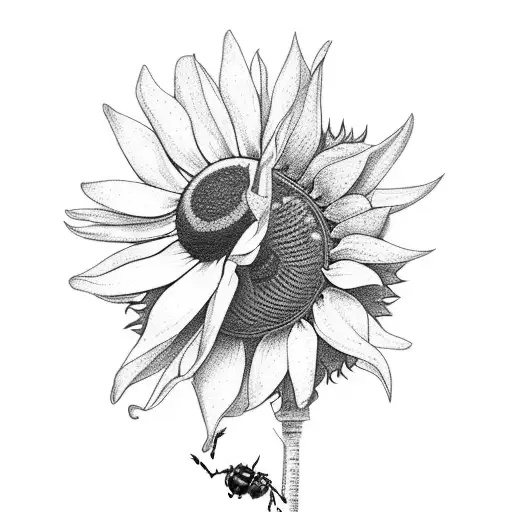 Bouquet Of Sunflowers With Ladybug On Petal And Bumblebees Hovering Around Petals
