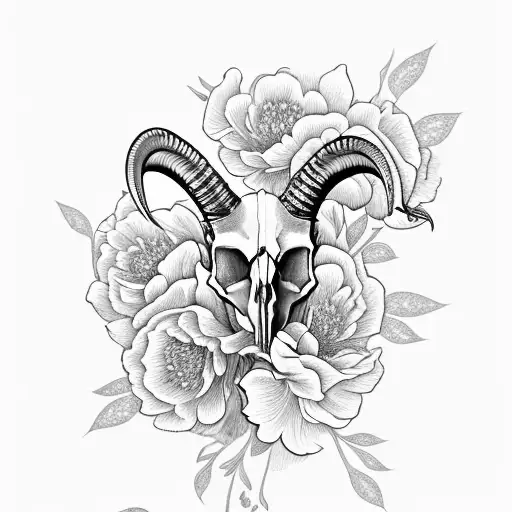 Ibex Skull Front View Surrounded By Peony Flowers